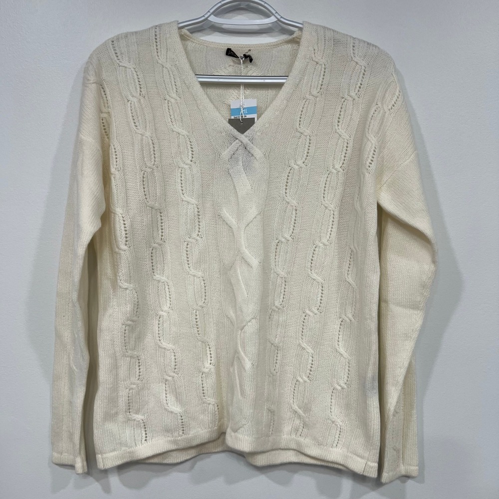 J Mclaughlin Taje Sweater XS NWT $398 100% Cashmere Ivory Cable Knit V Neck